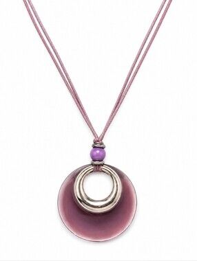 Chunky Purple Circle Pendant Necklace Silver Tone Statement Cord Jewelry